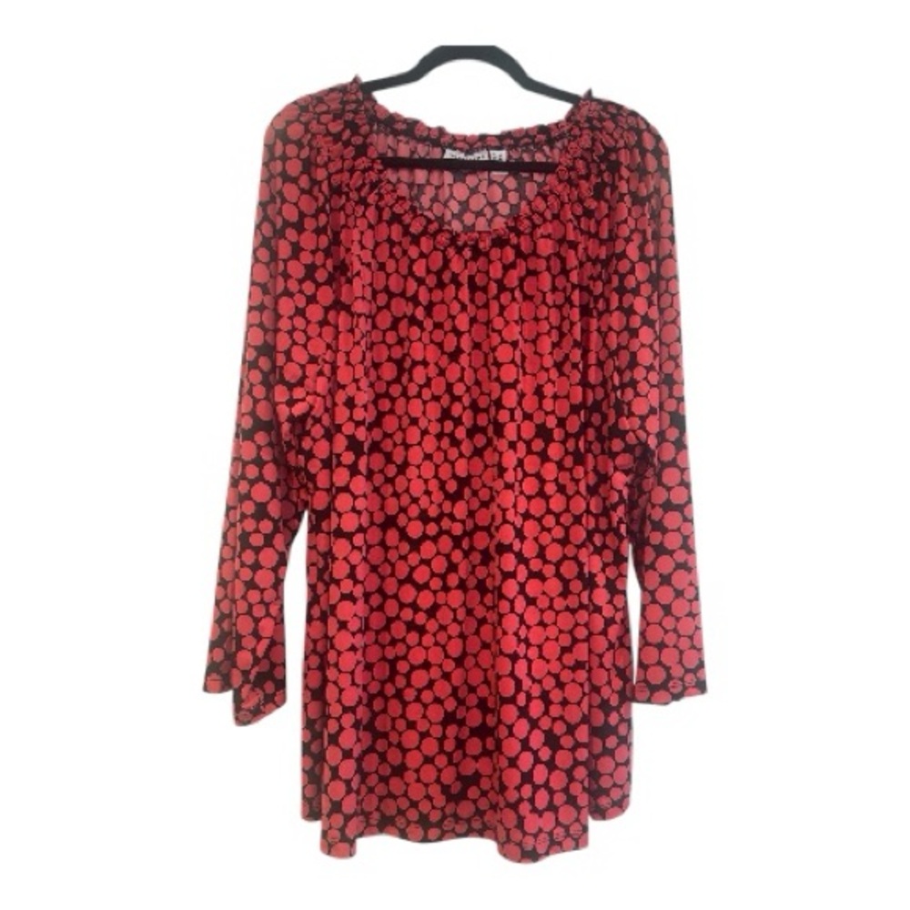 Susan Graver Women Long Sleeve Liquid Knit Circle Print Top Sz 2X Red Stretch